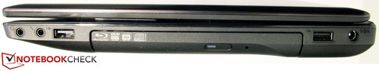 prawy bok: 2 gniazda audio, USB 2.0, napęd optyczny (Blu-ray), USB 2.0, gniazdo zasilania