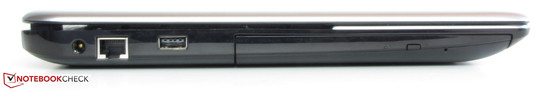lewy bok: gniazdo zasilania, LAN USB 2.0, napęd optyczny (DVD)