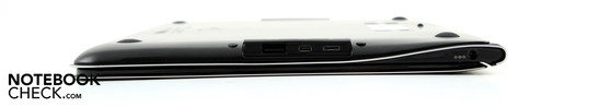 lewy bok: gniazdo zasilania, LAN przez adapter, mini HDMI, USB 3.0