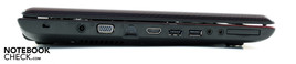 lewy bok: złącze ExpressCard, 2x audio, USB, eSATA, HDMI, LAN, VGA/D-Sub, złącze zasilania, zabezpieczenie Kensingtona