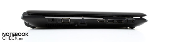 lewy bok: gniazdo zasilania, VGA, LAN, HDMI, 2x USB 2.0, wejście mikrofonowe, wyjście słuchawkowe