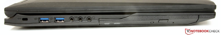 lewy bok: gniazdo blokady Kensingtona, 2 USB 3.0, 3 gniazda audio (S/PDIF, mikrofonowe, słuchawkowe), napęd optyczny (DVD)