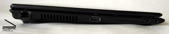 lewy bok: LAN, wylot wentylatora, USB, Expresscard/34, wejście mikrofonowe, wyjście słuchawkowe