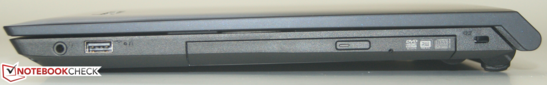 prawy bok: gniazdo audio, USB 2.0, napęd optyczny (DVD), gniazdo blokady Kensingtona