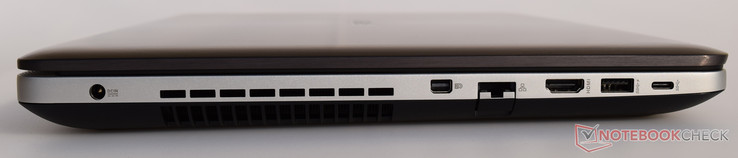 lewy bok: gniazdo zasilania, wylot powietrza z układu chłodzenia, mini DisplayPort, LAN, HDMI, USB 3.0, USB 3.1 typu C