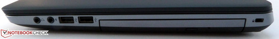 prawy bok: 2 gniazda audio, 2 USB 2.0, napęd optyczny (DVD), gniazdo blokady Kensingtona