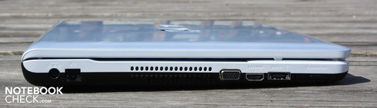 lewy bok: gniazdo zasilania, LAN, VGA, HDMI, eSATA, ExpressCard/34