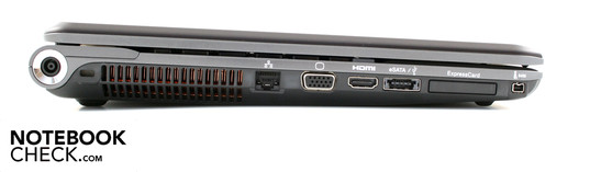 lewy bok: gniazdo zasilania, blokada Kensingtona, wylot wentylacji, LAN, VGA, HDMI, eSATA, ExpressCard, i.Link