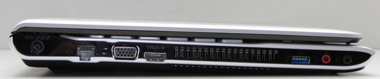 lewy bok: gniazdo zasilania, LAN, VGA, HDMI, wylot powietrza z układu chłodzenia, USB 3.0, 2 gniazda audio