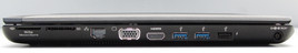 prawy bok: dwa czytniki kart pamięci, VGA, LAN, HDMI, 2 USB 3.0, USB 2.0 z funkcją ładowania, gniazdo zasilania