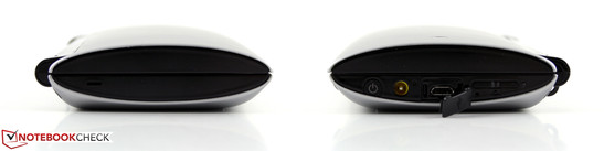 z lewej strony brak złączy; z prawej: wyłącznik, gniazdo zasilania, mikro USB, przyciski regulacji natężenia dźwięku