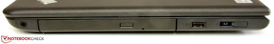 prawy bok: gniazdo audio, napęd optyczny, USB 2.0, gniazdo zasilania, złącze replikatora portów (Lenovo OneLink)