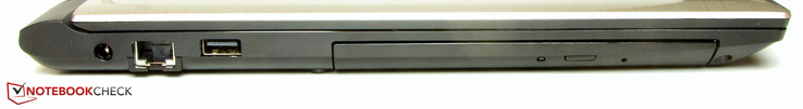 lewy bok: gniazdo zasilania, LAN, USB 2.0, napęd optyczny (DVD)