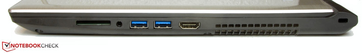 prawy bok: czytnik kart pamięci, gniazdo audio, 2 USB 3.0, HDMI, wylot powietrza z układu chłodzenia, gniazdo blokady Kensingtona