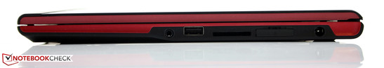 prawy bok: gniazdo audio, USB 2.0, czytnik kart pamięci, gniazdo karty SIM, gniazdo zasilania