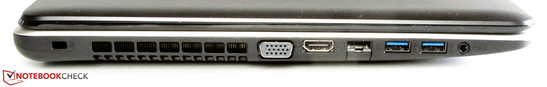 lewy bok: gniazdo blokady Kensingtona, wylot powietrza z układu chłodzenia, VGA, HDMI, LAN, 2 USB 3.0, gniazdo audio