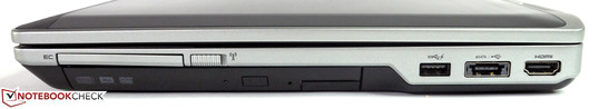 prawy bok: ExpressCard/54, przełącznik łączności bezprzewodowej, napęd optyczny (DVD), USB 3.0, eSATA/USB 2.0, HDMI