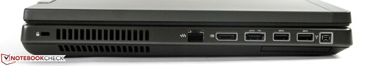 lewy bok: gniazdo blokady Kensingtona, otwory wentylacyjne, LAN, DisplayPort, eSATA/USB 2.0, 2 USB 3.0, FireWire