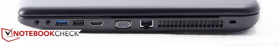 prawy bok: 2 gniazda audio, USB 3.0, USB 2.0, HDMI, VGA, LAN, gniazdo blokady Kensingtona