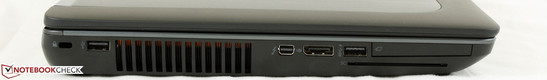 lewy bok: gniazdo blokady Kensingtona, USB 2.0, Thunderbolt, DisplayPort, USB 3.0, ExpressCard/54, czytnik Smart Card