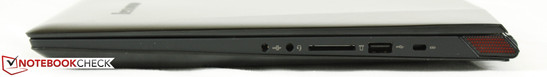 prawy bok: 2 gniazda audio (w tym S/PDIF), czytnik kart pamięci, USB 2.0, gniazdo blokady Kensingtona