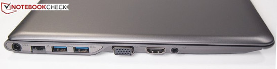 lewy bok: gniazdo zasilania, LAN, 2 USB 3.0, VGA, HDMI, gniazdo audio