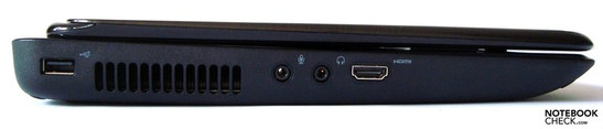 lewy bok: USB, wylot układu chłodzenia, wejście mikrofonowe, wyjście słuchawkowe, HDMI