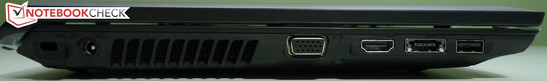 lewy bok: gniazdo blokady Kensingtona, gniazdo zasilania, wylot powietrza z układu chłodzenia, VGA, HDMI, eSATA/USB 2.0, USB 2.0