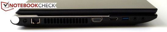 lewy bok: gniazdo zasilania, LAN, wylot powietrza z układu chłodzenia, VGA, HDMI, USB 3.0, 2 gniazda audio