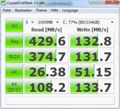 CrystalDiskMark 3.0 (odczyt: 429,6 MB/s, zapis: 132,8 MB/s)