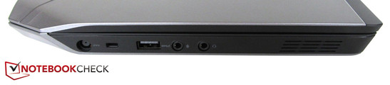 lewy bok: gniazdo zasilania, Noble Lock, USB 3.0, 2 gniazda audio, głośnik