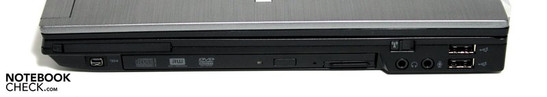prawy bok: PCCard/ExpressCard, FireWire, kieszeń modułowa, gniazda audio, 2x USB