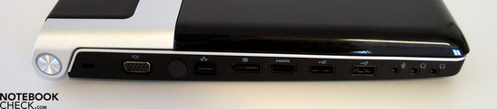 lewy bok: blokada Kensingtona, VGA, LAN, DisplayPort, HDMI, 2x USB, wejście mikrofonowe, 2 wyjście słuchawkowe