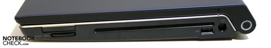 prawy bok: czytnik kart, ExpressCard/34, napęd optyczny (szczelinowy), USB, gniazdo zasilania