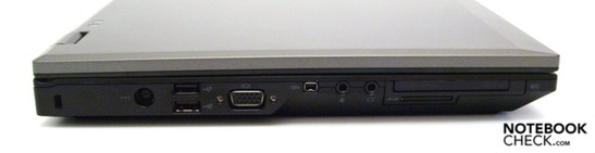 lewy bok: blokada Kensingtona, 2x USB 2.0, VGA, FireWire, wejście mikrofonowe, wyjście słuchawkowe, ExpressCard/54, czytnik kart
