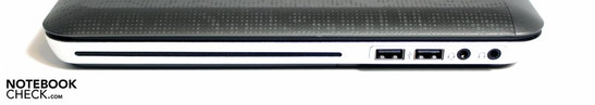 lewy bok: szczelinowy napęd optyczny, 2x USB, wejście i wejście audio w jednym, wyjście słuchawkowe