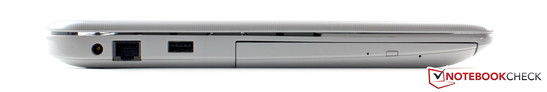 lewy bok: gniazdo zasilania, LAN, USB 2.0, napęd optyczny (DVD)