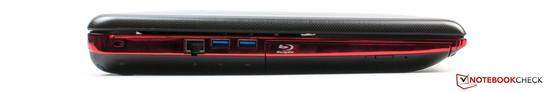 lewy bok: gniazdo blokady Kensingtona, LAN, 2 USB 3.0, napęd optyczny (nagrywarka Blu-ray)