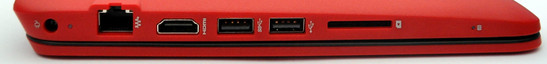 prawy bok: gniazdo zasilania, LAN, HDMI, USB 3.0, USB 2.0, czytnik kart pamięci, kontrolka dysku