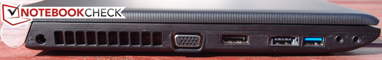 lewy bok: gniazdo zasilania, wylot powietrza z układu chłodzenia, VGA, DisplayPort, eSATA/USB 2.0, USB 3.0, 2 gniazda audio