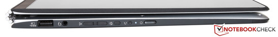 lewy bok: USB 3.0, gniazdo audio, regulator natężenia dźwięku, blokada rotacji obrazu, przycisk OneKey Recovery, przycisk zasilania