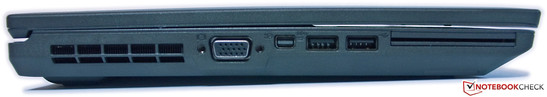 lewy bok: otwory wentylacyjne, VGA, mini DisplayPort, USB 3.0, USB 2.0, miejsce na ExpressCard/Smart Card