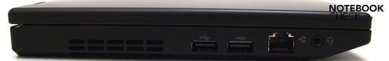 lewy bok: szczeliny wentylacyjne, 2 USB 2.0, RJ-45 (LAN), gniazdo audio (combo)