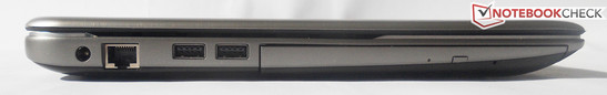 lewy bok: gniazdo zasilania, LAN, 2 USB 2.0, napęd optyczny (DVD)