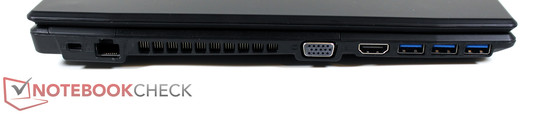 lewy bok: gniazdo blokady Kensingtona, LAN, wylot powietrza z układu chłodzenia, VGA, HDMI, 3 USB 3.0