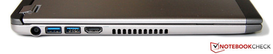 lewy bok: gniazdo zasilania, 2 USB 3.0, HDMI, wylot powietrza z układu chłodzenia