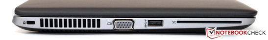 lewy bok: gniazdo blokady Kensingtona, wylot powietrza z układu chłodzenia, VGA, USB 3.0, czytnik SmartCard