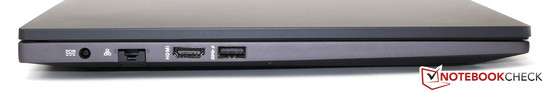 lewy bok: gniazdo zasilania, LAN, HDMI, USB 3.0
