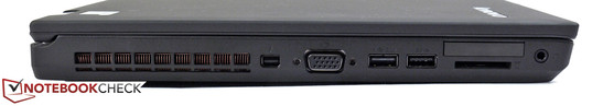 lewy bok: otwory wentylacyjne, Thunderbolt, VGA, USB 2.0, USB 3.0, czytnik kart pamięci, ExpressCard/34, gniazdo audio