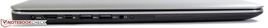 lewy bok: gniazdo zasilania, HDMI, mini DisplayPort, 2 USB 3.0, gniazdo audio, kontrolka stanu naładowania akumulatora